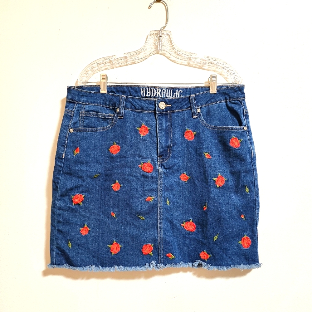 Hydraulic Blue Denim Floral Embroidered Skirt